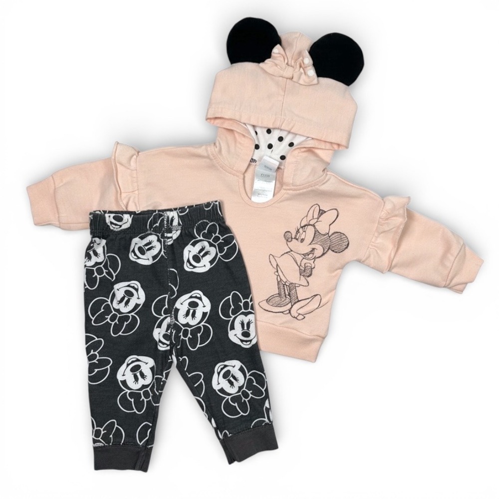 Disney Baby Minnie Mouse Hoodie & Joggers Set 0-3M Pink Gray Ruffle Ears Outfit
